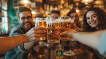 AI generated A cheerful company of young people celebrate St. Patrick's Day in an Irish pub photo