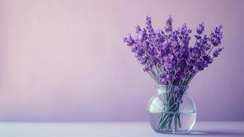 AI generated A bouquet of lavender flowers stands in a transparent glass vase on a minimalist bright background photo
