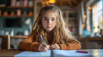 AI generated A 12-year-old girl sits at the table and does her homework photo