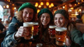 AI generated A cheerful company of young people celebrate St. Patrick's Day in an Irish pub photo