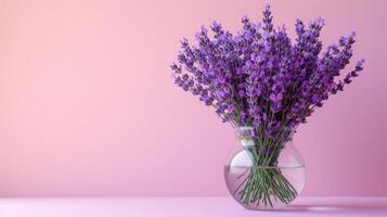 AI generated A bouquet of lavender flowers stands in a transparent glass vase on a minimalist bright background photo