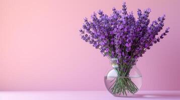 ai generado un ramo de flores de lavanda flores soportes en un transparente vaso florero en un minimalista brillante antecedentes foto