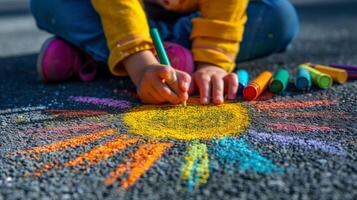 AI generated A child draws the sun with crayons on the asphalt. Spring sunny day photo