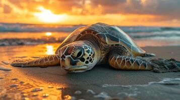 AI generated A large land turtle lies on the ocean shore photo