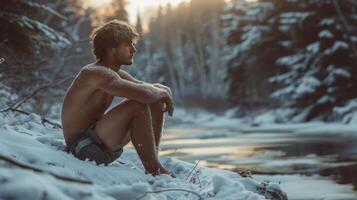 ai generado un congelado hombre se sienta en solamente pantalones cortos en el medio de un invierno bosque foto