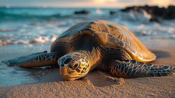 AI generated A large land turtle lies on the ocean shore photo