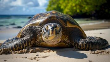 AI generated A large land turtle lies on the ocean shore photo