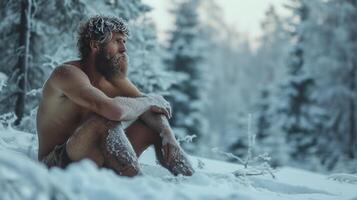 ai generado un congelado hombre se sienta en solamente pantalones cortos en el medio de un invierno bosque foto