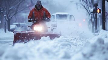 AI generated A man pushes a snowplow in front of him photo