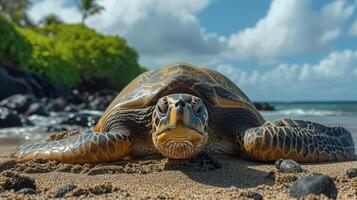 AI generated A large land turtle lies on the ocean shore photo