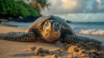 AI generated A large land turtle lies on the ocean shore photo