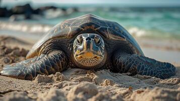 AI generated A large land turtle lies on the ocean shore photo