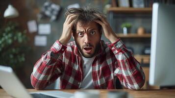 AI generated A man sits with a computer, his face expresses horror, he tears out the hair on his head photo