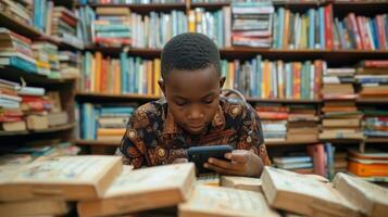 AI generated A schoolboy plays a game on the phone. photo