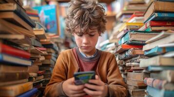 AI generated A schoolboy plays a game on the phone. photo