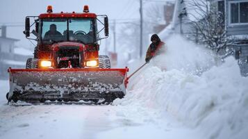 AI generated A man pushes a snowplow in front of him photo