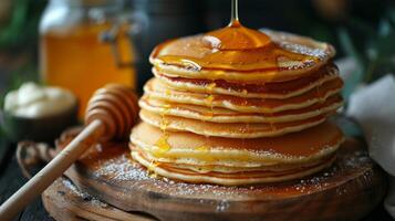 AI generated a stack of fresh thick pancakes in the kitchen next to a jar of honey and sour cream photo