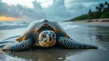 AI generated A large land turtle lies on the ocean shore photo