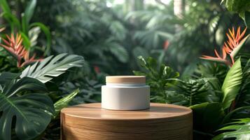 AI generated A white jar of cosmetic product stands on a wooden podium in the middle of a tropical forest photo