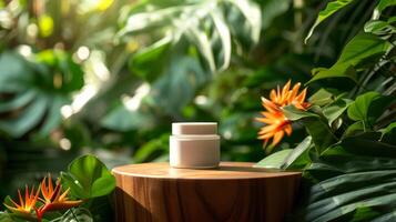 AI generated A white jar of cosmetic product stands on a wooden podium in the middle of a tropical forest photo