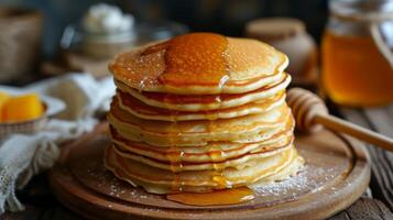 AI generated a stack of fresh thick pancakes in the kitchen next to a jar of honey and sour cream photo