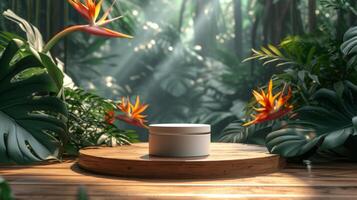 AI generated A white jar of cosmetic product stands on a wooden podium in the middle of a tropical forest photo