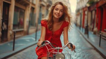 ai generado un joven hermosa niña paseos un brillante bicicleta en rojo satín vestir a lo largo un verano calle foto