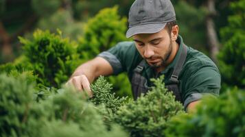 ai generado un joven hermoso jardinero en un oscuro verde delantal adornos un thuja dentro un redondo forma foto