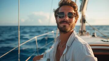 AI generated A young handsome man sails on a luxury yacht in the ocean photo