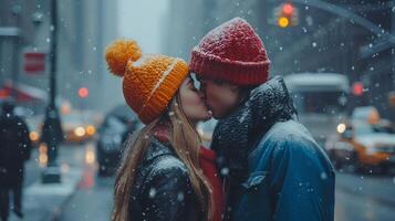 ai generado un joven Pareja en brillante de punto sombreros Besos en el medio de un ciudad foto