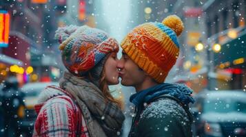 AI generated A young couple in bright knitted hats kisses in the middle of a city photo