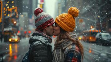 ai generado un joven Pareja en brillante de punto sombreros Besos en el medio de un ciudad foto