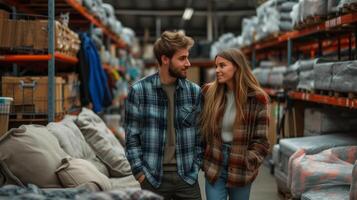 AI generated a young couple buys a used sofa in a used goods store. photo