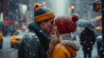 AI generated A young couple in bright knitted hats kisses in the middle of a city photo