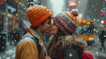 ai generado un joven Pareja en brillante de punto sombreros Besos en el medio de un ciudad foto