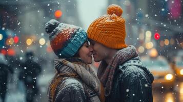 AI generated A young couple in bright knitted hats kisses in the middle of a city photo