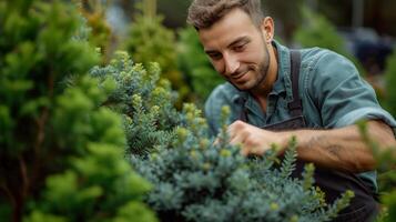 ai generado un joven hermoso jardinero en un oscuro verde delantal adornos un thuja dentro un redondo forma foto