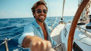 AI generated A young handsome man sails on a luxury yacht in the ocean photo