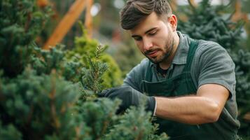 ai generado un joven hermoso jardinero en un oscuro verde delantal adornos un thuja dentro un redondo forma foto