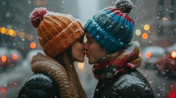 AI generated A young couple in bright knitted hats kisses in the middle of a city photo
