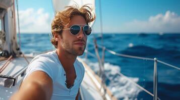 AI generated A young handsome man sails on a luxury yacht in the ocean photo