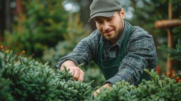 AI generated A young handsome gardener in a dark green apron trims a thuja into a round shape photo
