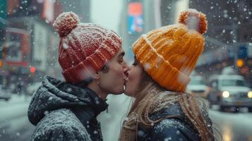 ai generado un joven Pareja en brillante de punto sombreros Besos en el medio de un ciudad foto