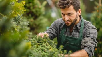 ai generado un joven hermoso jardinero en un oscuro verde delantal adornos un thuja dentro un redondo forma foto