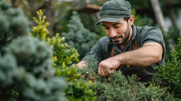 ai generado un joven hermoso jardinero en un oscuro verde delantal adornos un thuja dentro un redondo forma foto