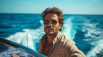 AI generated A young handsome man sails on a luxury yacht in the ocean photo