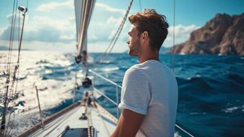 AI generated A young handsome man sails on a luxury yacht in the ocean photo
