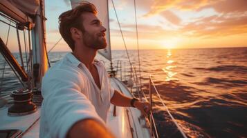 AI generated A young handsome man sails on a luxury yacht in the ocean photo