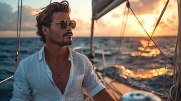 AI generated A young handsome man sails on a luxury yacht in the ocean photo