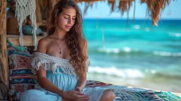 ai generado un joven mujer en un verano lino vestido de verano tejidos macramé mientras sentado en un choza en el Oceano apuntalar foto